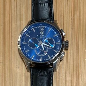S. Coifman Watch With Us 44mm NavyBlue Chronograph Face & Black Leather Band